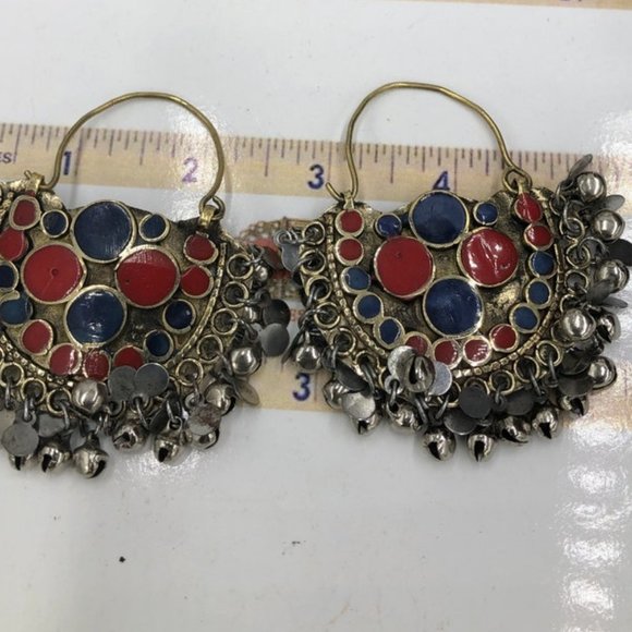 Red and Blue Kuchi Bali Earrings With Small Silver Bells, Ethnic Hoop Style Vint - Picture 2 of 4
